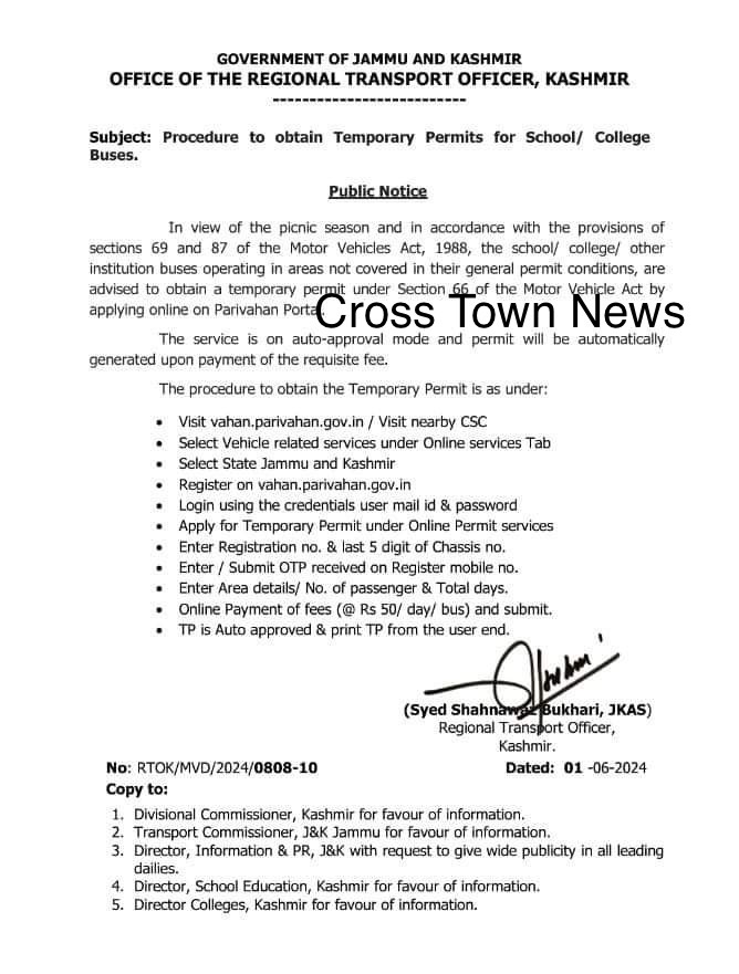 temporary permits for school college buses in jammu and kash